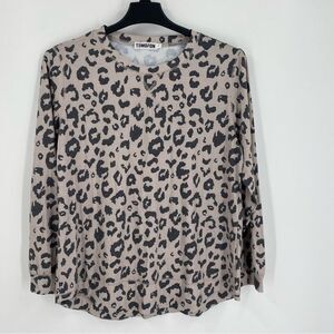 Temofon Women's Leopard Print Top - Long Sleeve Gray and Tan size XL